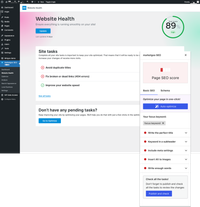 marketgoo WordPress plug-in shows a website health dashboard with an SEO score of 89, showing a list of issues and a detailed SEO check report.