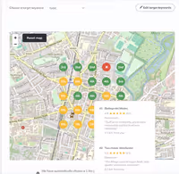 Insites Local Grid map showing ranking pins across a local area for the keyword "food", colour-coded by ranking strength, with a competitor listing panel showing the top-ranked businesses nearby