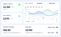Dashboard with organic/paid traffic, keywords, backlinks, domains, and positions data.