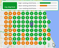 Bright Local Map shows Chicago with grid points ranked by colour: green (low), orange (medium), and brown (high) and the number on each point represents the business' position against competitors.