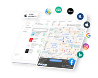 Digital interface showing map, user dashboard, and various app icons.