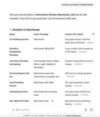 Asking ChatGPT to recommend plumbers in Manchester, UK and it giving recommendations based on sources from MyBuilder and TrustATrader (rather than Google).