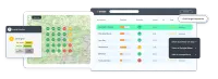 Insites Local Grid showing a 5x5 ranking map with colour-coded positions alongside a competitor threat table listing local businesses by threat level