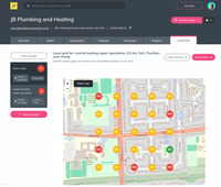 Screenshot from Insites' Local Grid feature showing customer locations for JB Plumbing and Heating, marked by colour-coded pins to represent the ranking position in each area.